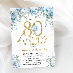 Invitation Or 80e Anniversaire Poussiéreux Bleu Élégant Flora
