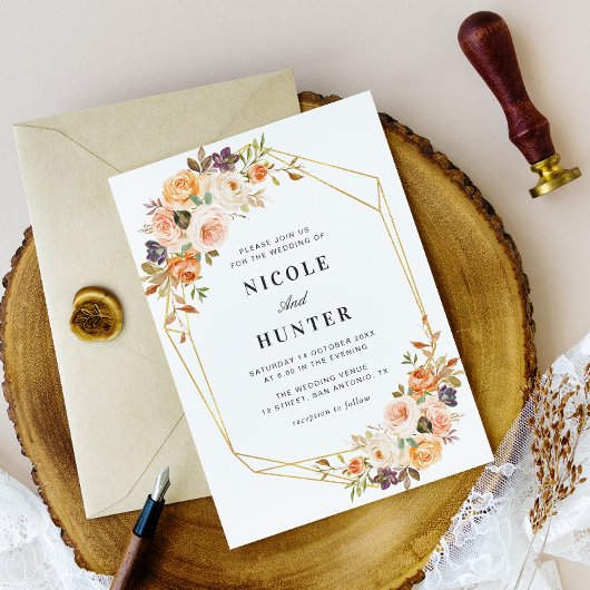 Invitation or aquarelle et mariage géométrique roux