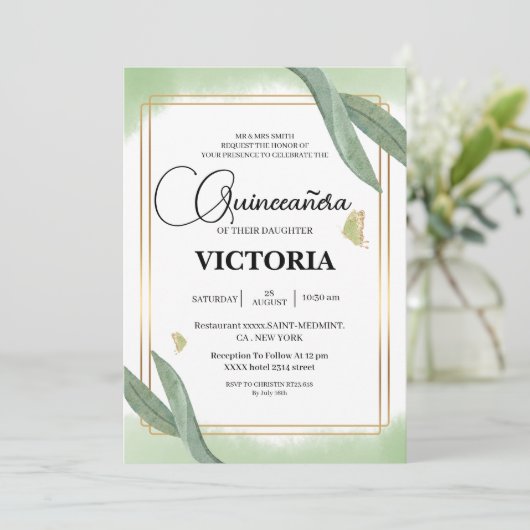 Invitation or Aquarelle Sage papillon vert Quinceanera (Debout devant)