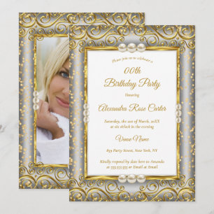 Invitation Or Argent Gris Blanc Perle Photo Fête d'anniversai