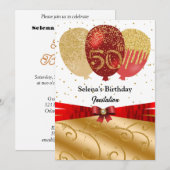 Invitation Or, Ballons rouges et Ruban en soie 50e anniversai (Devant / Derrière)