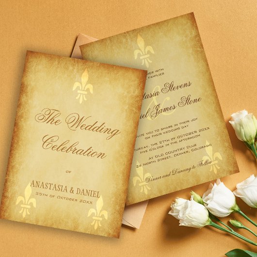 Invitation Or beige de luxe fleur de lis de style français