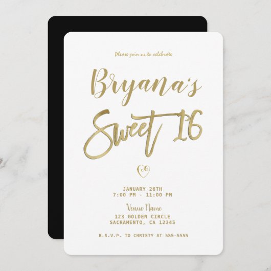 Invitation Or blanc et noir moderne minimal chic doux 16 (Devant / Derrière)