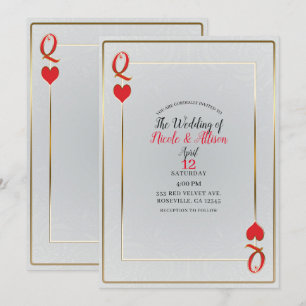 Invitation Or Blanc et Rouge Reine des Cœurs Élégant Mariage