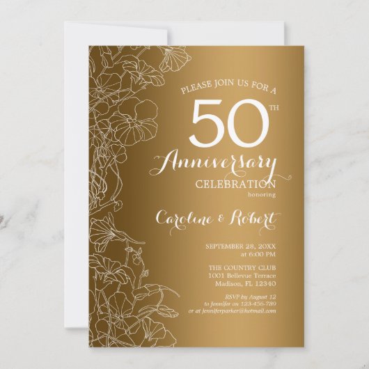 Invitation Or Blanc Floral 50e Anniversaire (Devant)