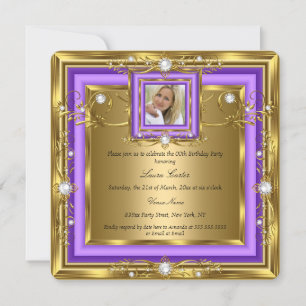 Invitation Or Blanc Perle Photo Fête d'anniversaire Violet Or