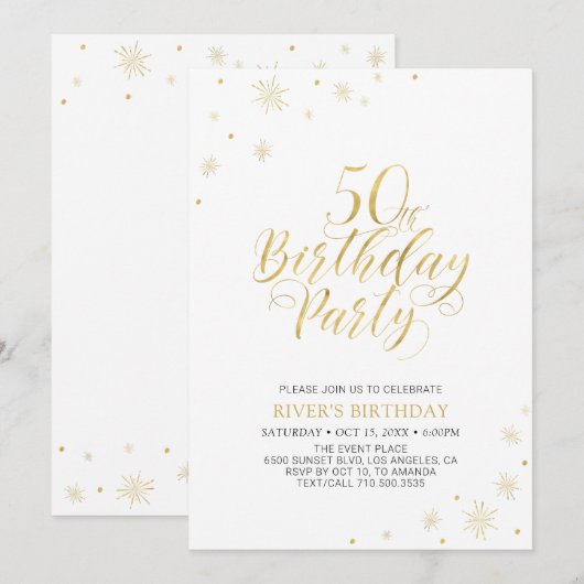 Invitation Or & Blanc | Soirée d'anniversaire 50 ans chic mod (Devant / Derrière)
