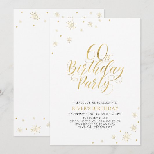 Invitation Or & Blanc | Soirée d'anniversaire 60 ans Moderne (Devant / Derrière)