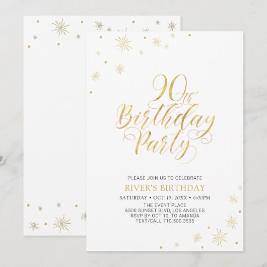 Invitation Or & Blanc | Soirée Moderne et Chic pour 90 ans (Devant / Derrière)