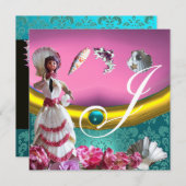 INVITATION OR BLEU AQUAMARINE DAMASK BEACH MONOGRAM MARIAGE (Devant / Derrière)