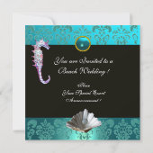 INVITATION OR BLEU AQUAMARINE DAMASK BEACH MONOGRAM MARIAGE (Dos)