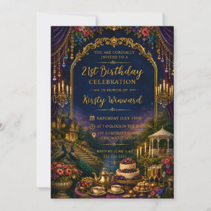 Invitation Or bleu Jardin Luxe Élégant 21e Anniversaire