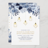 Invitation Or & Bleu | Lumières, Fête de Mariage Anniversaire (Devant / Derrière)