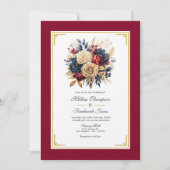 Invitation Or, bleu marine et Mariage floral de Bourgogne (Devant)