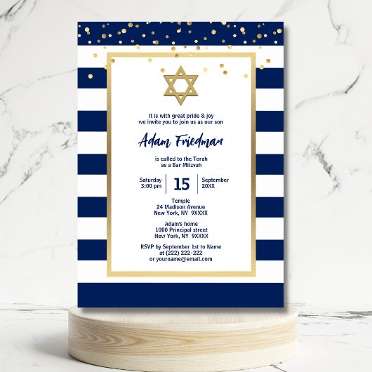 Invitation Or Bleu Navy Rayures & Étoile de David | Bar Mitzv