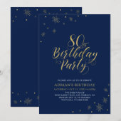Invitation Or & Bleu Nuit | Fête de 80 ans Moderne et Chic (Devant / Derrière)