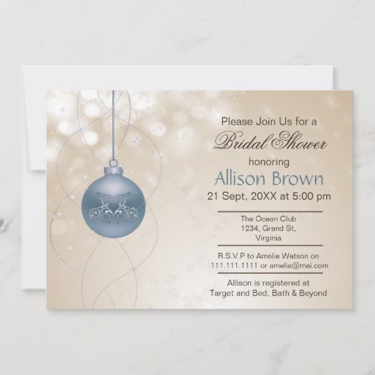 Invitation or bleu ornement Snowflakes Fête des mariées d'hiv (Devant)