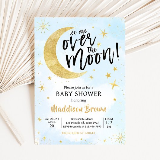 Invitation Or Bleu Sur Le Baby shower Lune