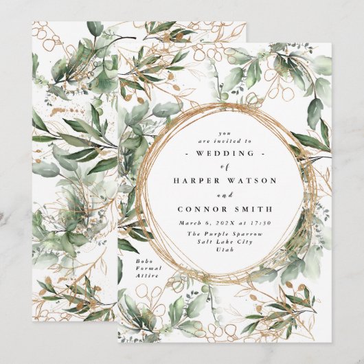 Invitation Or Botanique Eucalyptus Cercles Élégants Chute (Devant / Derrière)