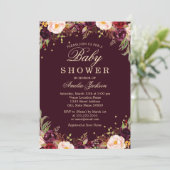 Invitation Or Bourgogne Élégant Baby shower Floral (Debout devant)