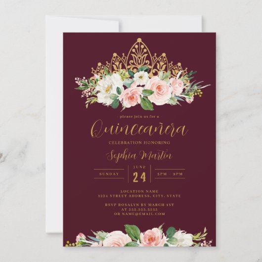 Invitation Or Bourgogne rose Floral Tiara Quinceanera (Devant)