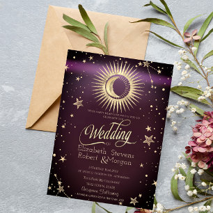 Invitation Or Céleste Soleil Et Lune Étoiles Mariage Bourgogn