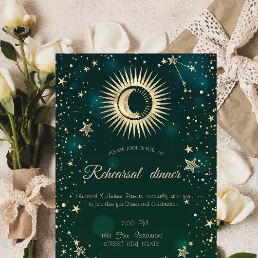 Invitation Or Céleste Soleil Et Lune Étoiles Vert