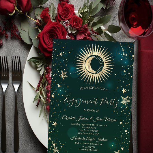 Invitation Or Céleste Soleil Et Lune Étoiles Vert