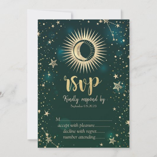 Invitation Or Céleste Soleil Et Lune Étoiles Vert RSVP (Devant)