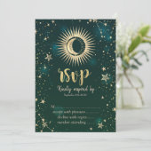 Invitation Or Céleste Soleil Et Lune Étoiles Vert RSVP (Debout devant)