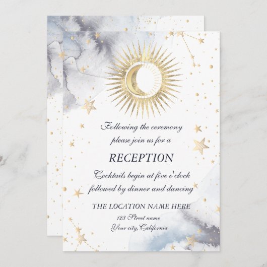 Invitation Or céleste Soleil, Lune, Étoiles (Devant / Derrière)