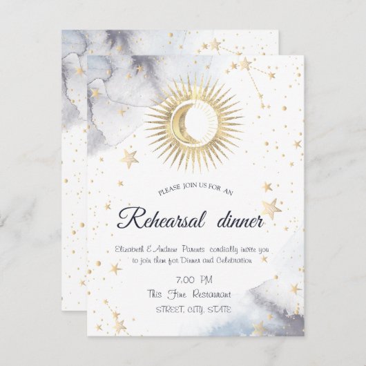 Invitation Or céleste Soleil, Lune, Étoiles (Devant / Derrière)