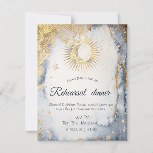 Invitation Or céleste Soleil, Lune, Etoiles Aquarelle (Devant)