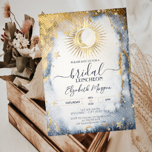 Invitation Or Céleste Soleil, Lune, Étoiles Aquarelle Mariage