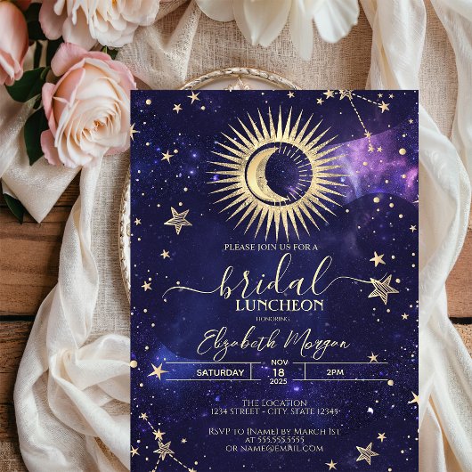 Invitation Or céleste Soleil, Lune, Etoiles Aquarelle violet