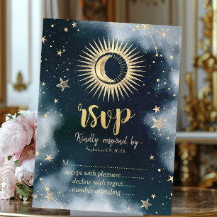 Invitation Or Céleste Soleil, Lune, Étoiles Ciel Nocturne RSV