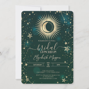 Invitation Or Céleste Soleil Lune Étoiles Déjeuner Vert