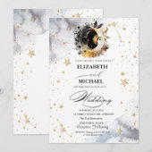 Invitation Or Céleste Soleil, Lune, Étoiles Fleurs Écriture (Devant / Derrière)