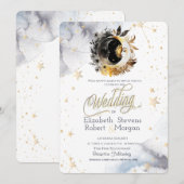 Invitation Or Céleste Soleil, Lune, Étoiles Fleurs Mariage (Devant / Derrière)
