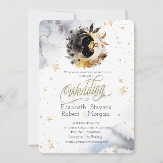 Invitation Or Céleste Soleil, Lune, Étoiles Fleurs Mariage (Devant)
