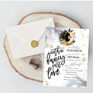 Invitation Or Céleste Soleil, Lune, Étoiles Fleurs Mariage