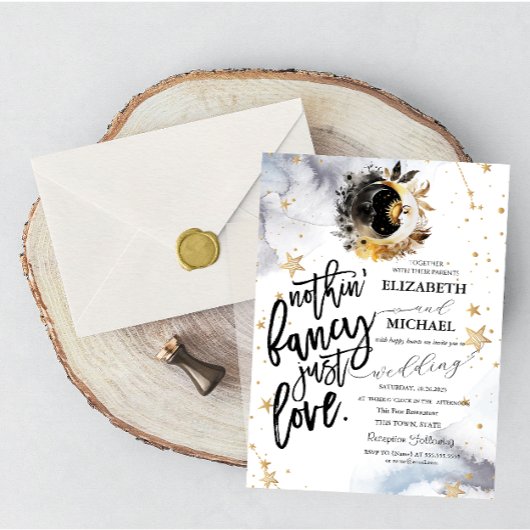 Invitation Or Céleste Soleil, Lune, Étoiles Fleurs Mariage
