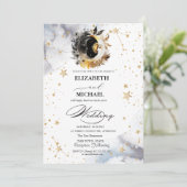 Invitation Or céleste Soleil, Lune, Étoiles Fleurs Script (Debout devant)