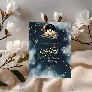 Invitation Or Céleste Soleil, Lune, Étoiles Lotus Ciel Noctur