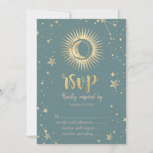 Invitation Or Céleste Soleil Lune Étoiles Menthe Vert RSVP