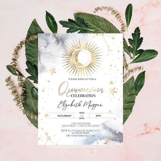 Invitation Or céleste Soleil, Lune, Etoiles Quinceanera