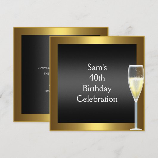 Invitation Or Champagne Noir 40e Anniversaire (Devant / Derrière)