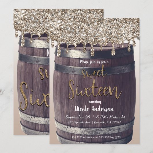 Invitation Or Champagne Pailleté Dégoulinant Rustique Fête Do (Devant / Derrière)