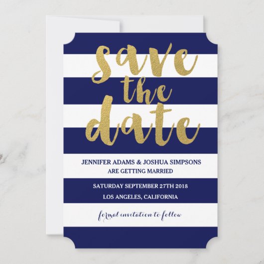Invitation Or chic | Gras Bleu Bande Enregistrer la date (Devant)