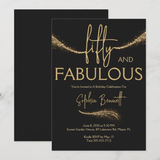 Invitation Or Cinquante et Fabuleux Script Fête d'anniversair (Devant / Derrière)